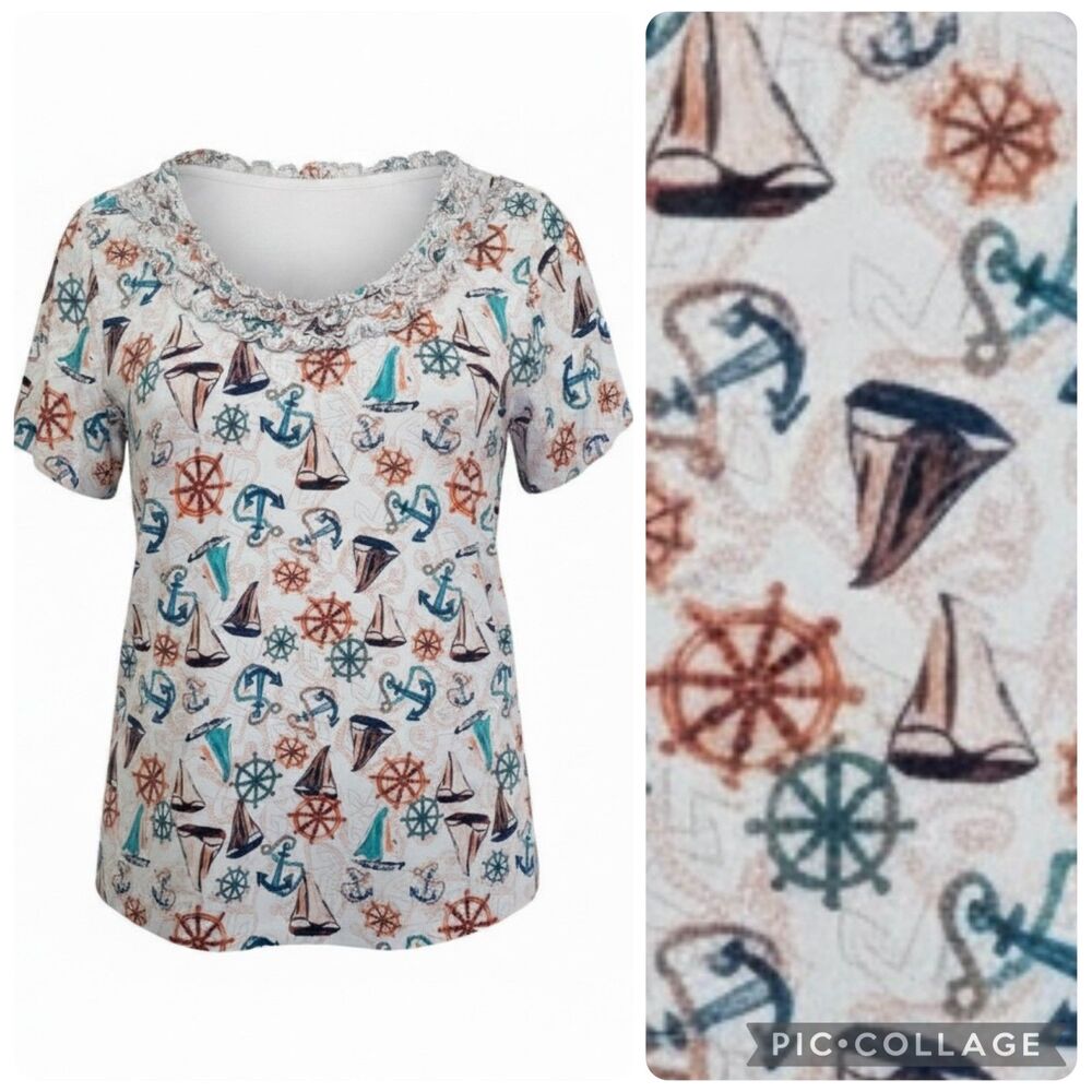 SUN BAY Womens XL Nautical Boat Anchor Print Cotton Short Sleeve Ruffle Neck Top